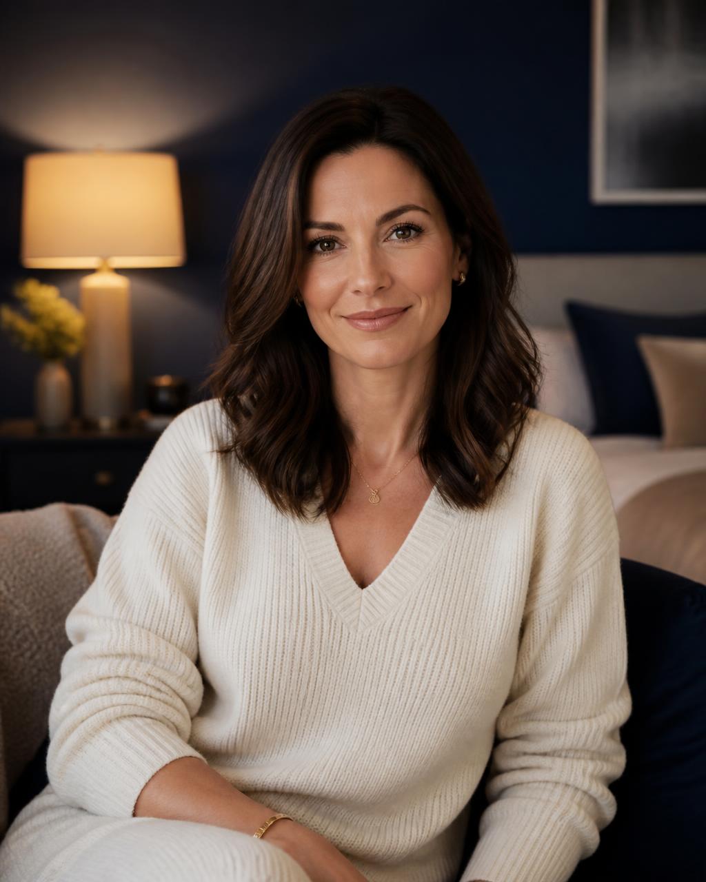 Emily Carter, Sleep and Wellness Content Host for SleepWell Journal, seated in a softly lit bedroom at night